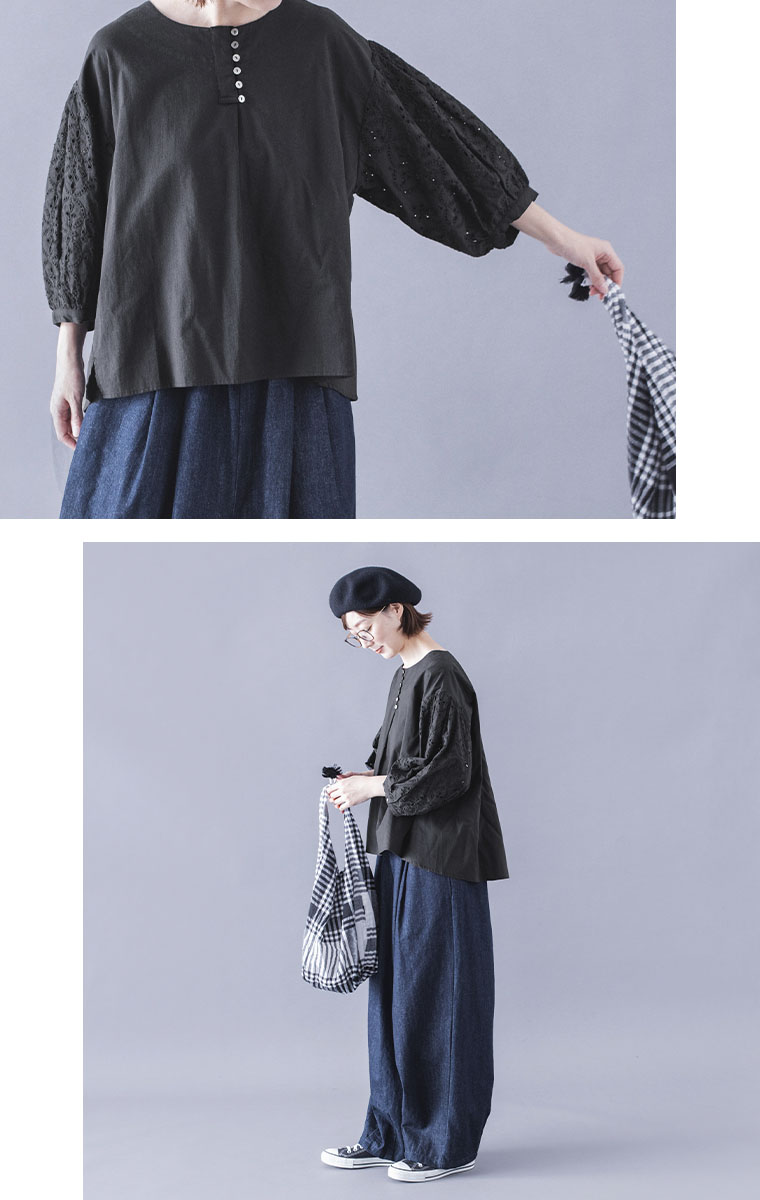 &yarn  カットワークレーススリーブブラウス　デニムコーデ　前寄りと全身横