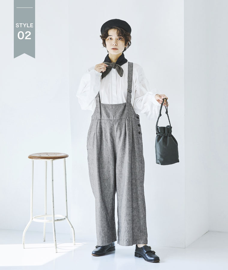blue willow 別注 ヘリンボーン タックサロペット　ヘリンボーン　着こなしアレンジ