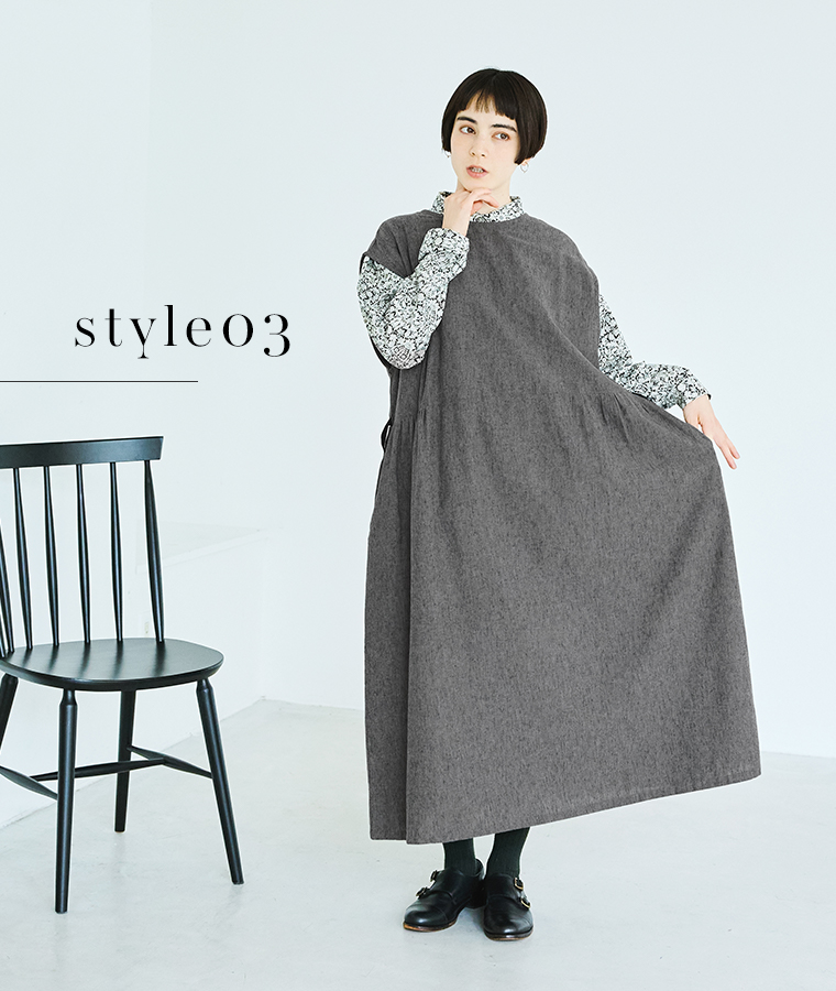 blue willow　コットンリネン平織り無地起毛ボタン配色リボンワンピース ダークグレー ブラウス合わせ