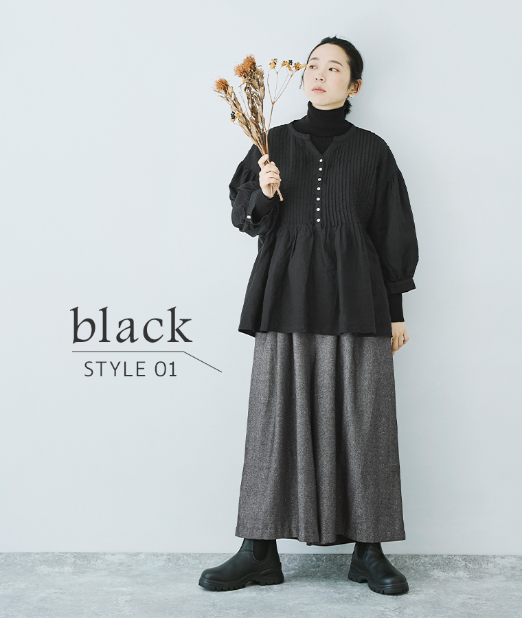 08Mab 別注｜コットンリネンデニムワイドパンツ ブラックブラウス合わせ