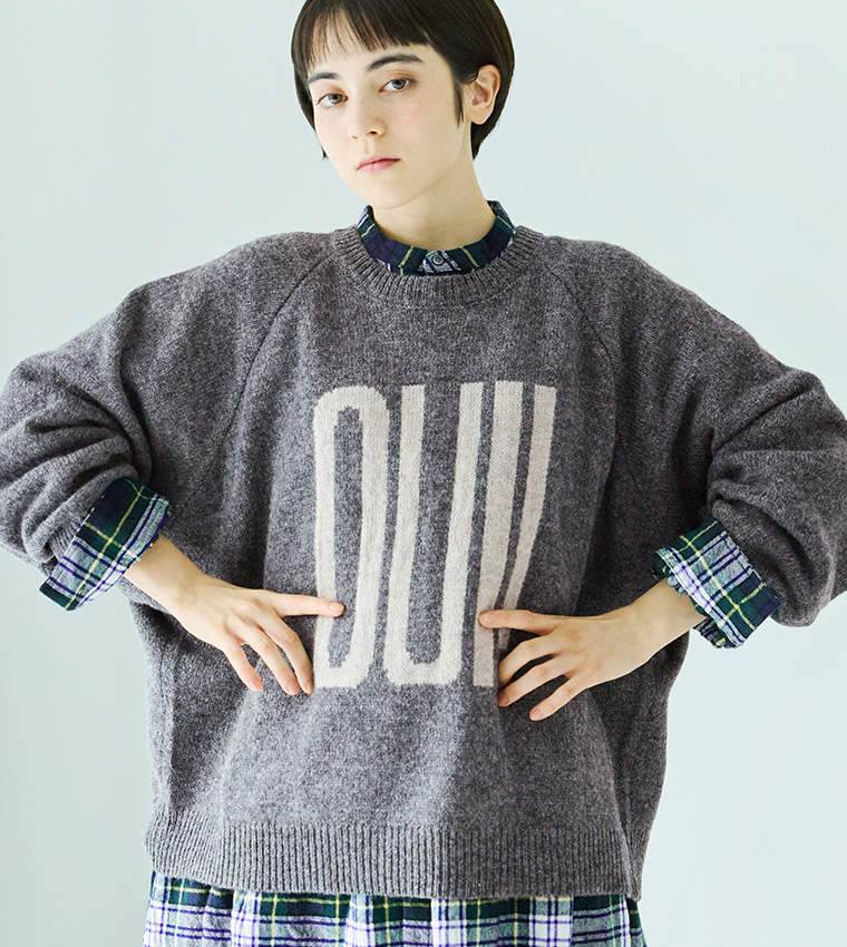 ichi シェットランドウールワイドプルオーバーグレー×ナチュラルのロゴとカラー