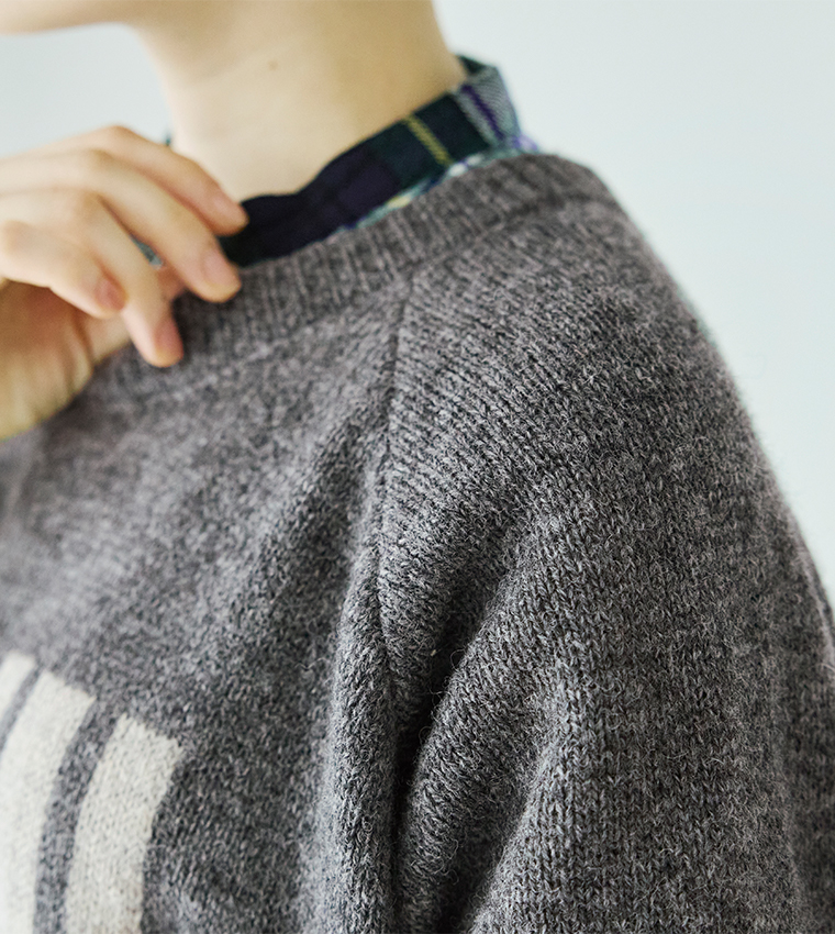 ichi シェットランドウールワイドプルオーバーグレー×ナチュラルの生地