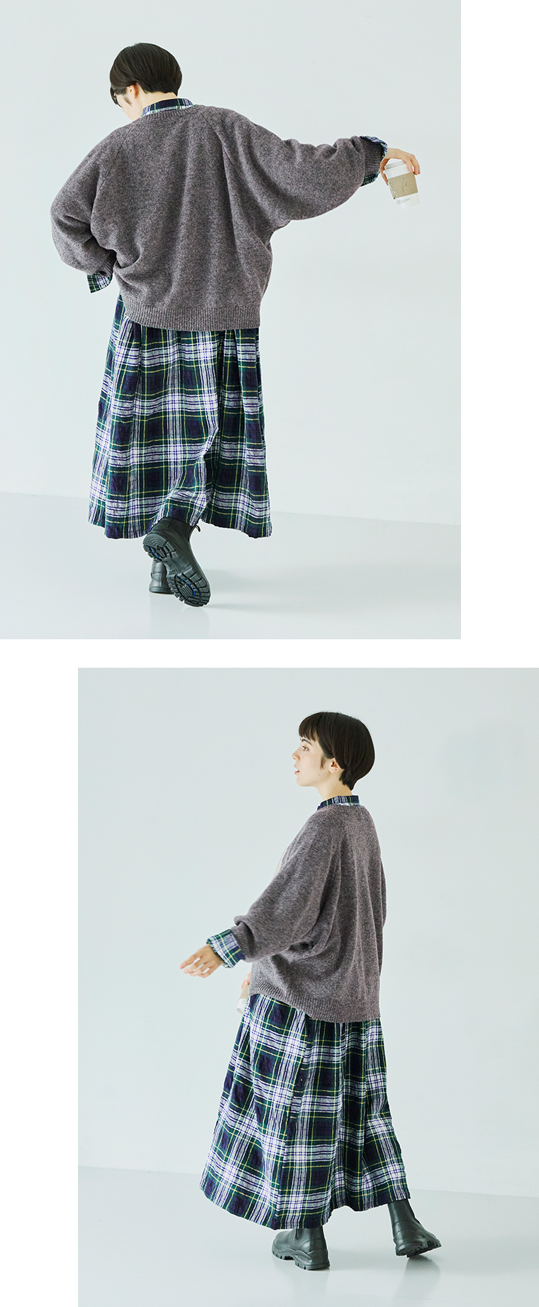 ichi シェットランドウールワイドプルオーバーグレー×ナチュラルの丈とデザイン