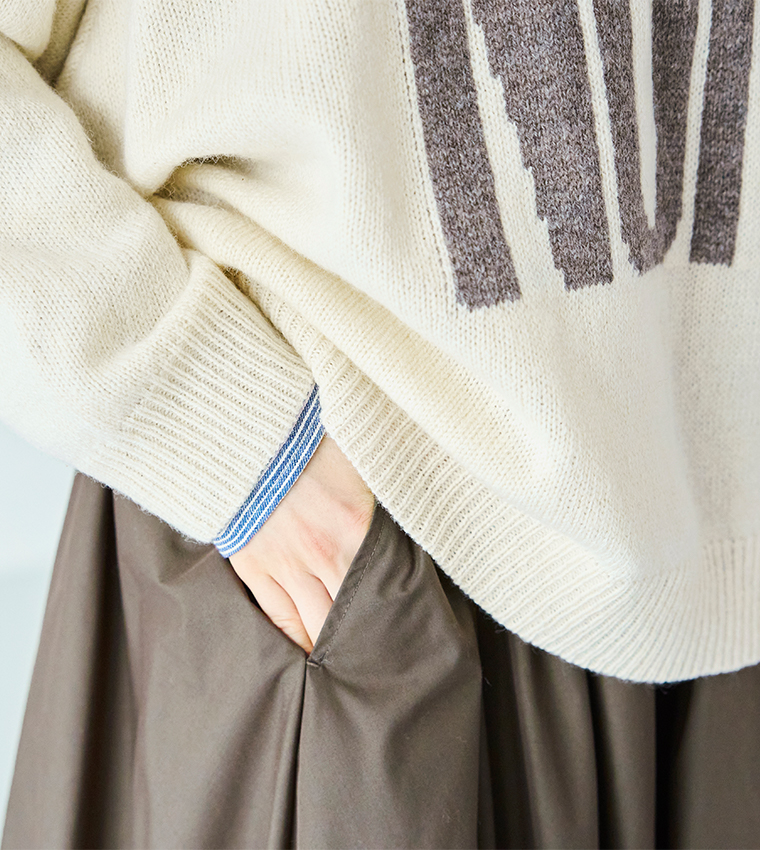 ichi シェットランドウールワイドプルオーバー2アイボリー×モカの裾と袖口のリブ