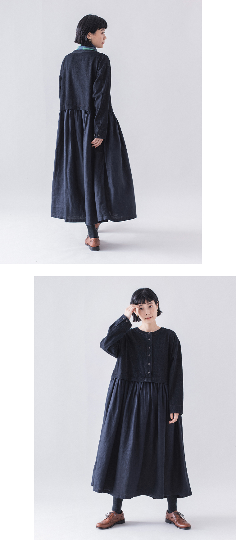 &yarn デニムドッキングワンピース(きれいめ)の全身後ろと前