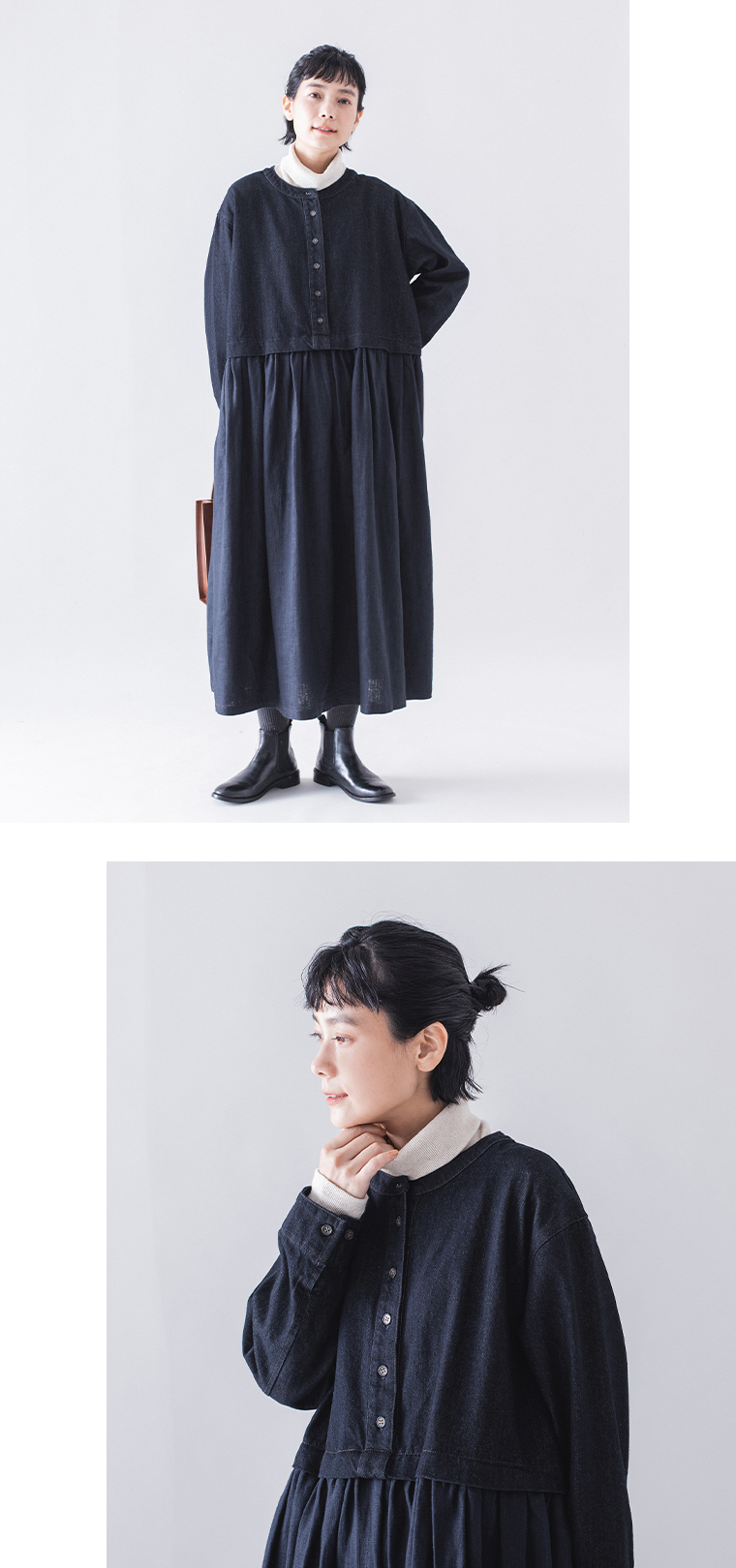 &yarn デニムドッキングワンピース(ナチュラル)の全身と上半身寄り