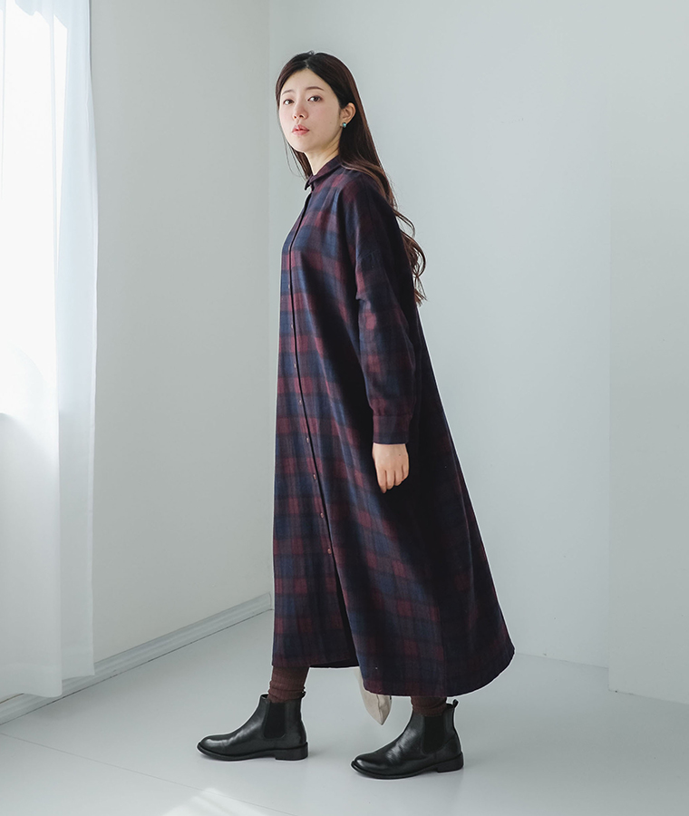 【 COLORK 】起毛BIG チェックミニ襟ロングワンピース 全身コーディネート