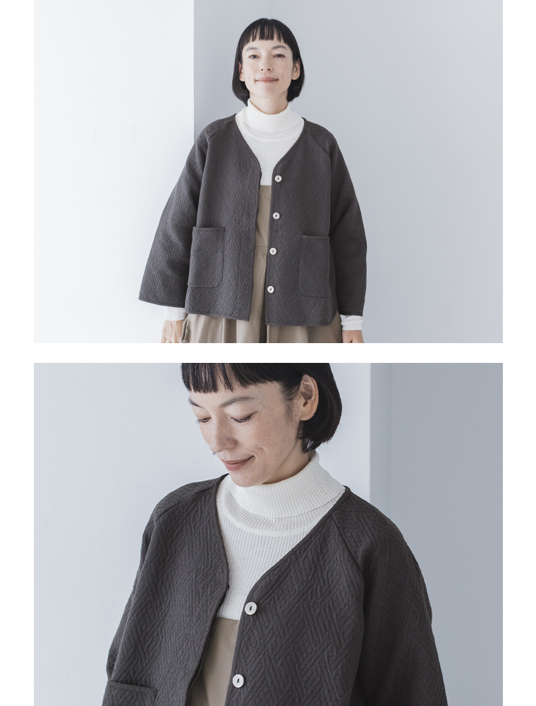 &yarn  コットンジャカードジャケット　オフブラック　上半身寄り