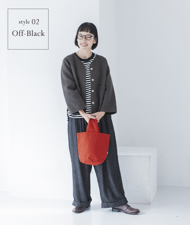 &yarn  コットンジャカードジャケット　オフブラックの着こなし