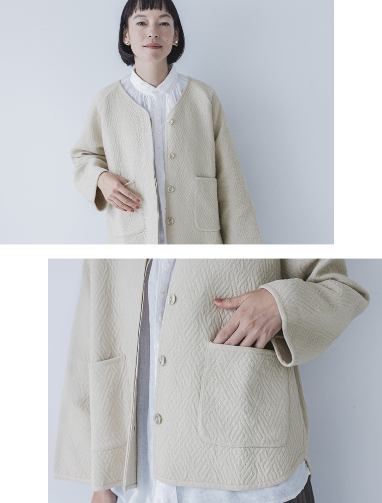 &yarn  コットンジャカードジャケット　ベージュ　上半身　ポケット寄り