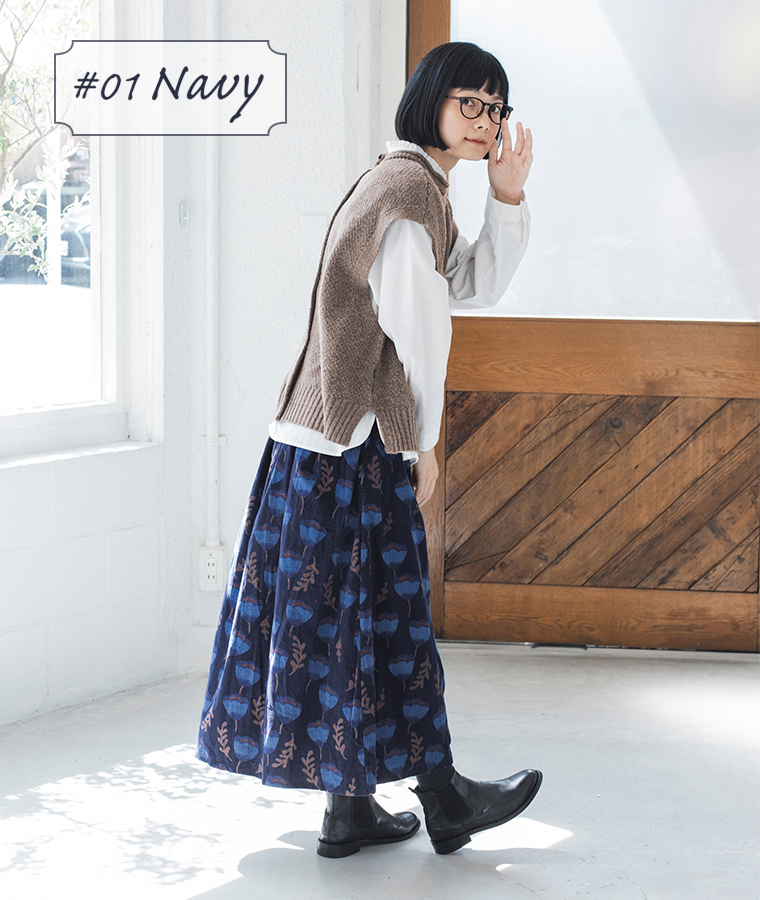 【 LITTLE MARKET 】ベルフラワースカート ＃01ネイビー