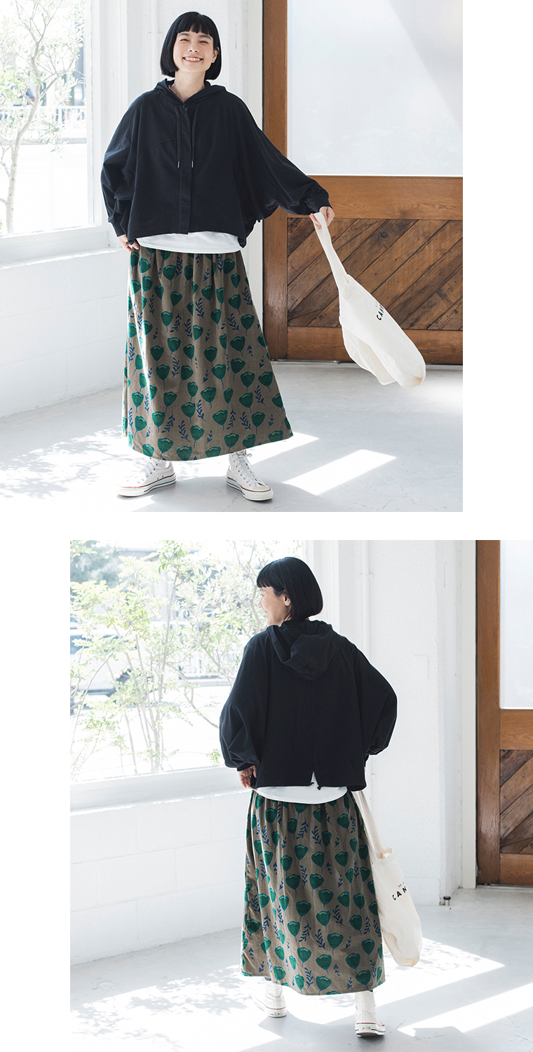 【 LITTLE MARKET 】ベルフラワースカート ＃03ブラウン 全身コーディネート前後