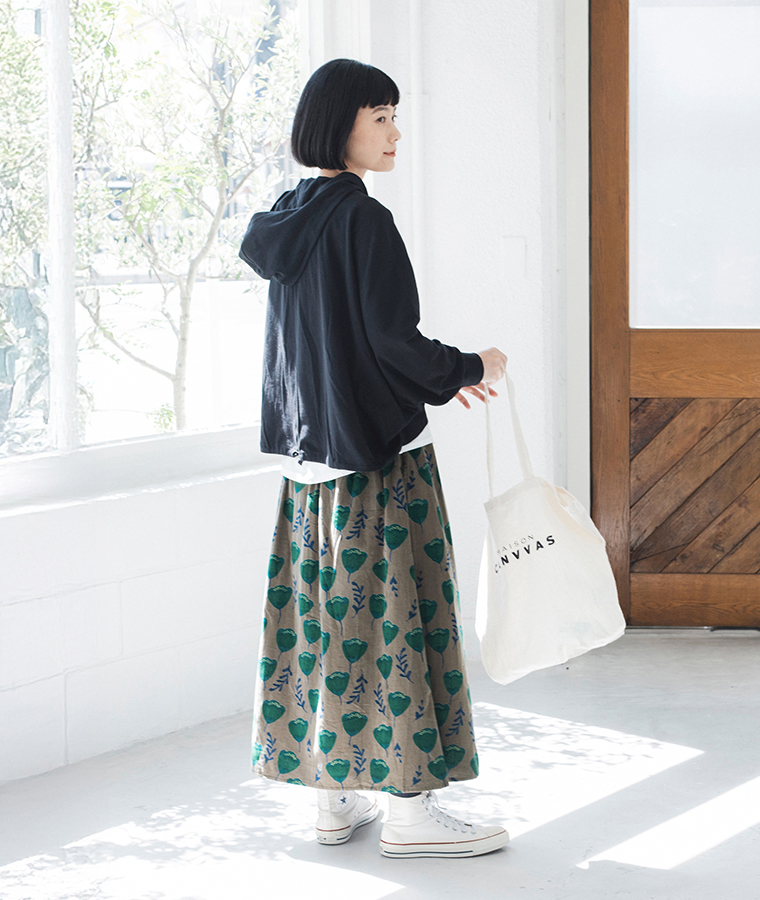 【 LITTLE MARKET 】ベルフラワースカート ＃03ブラウン 全身コーディネート横