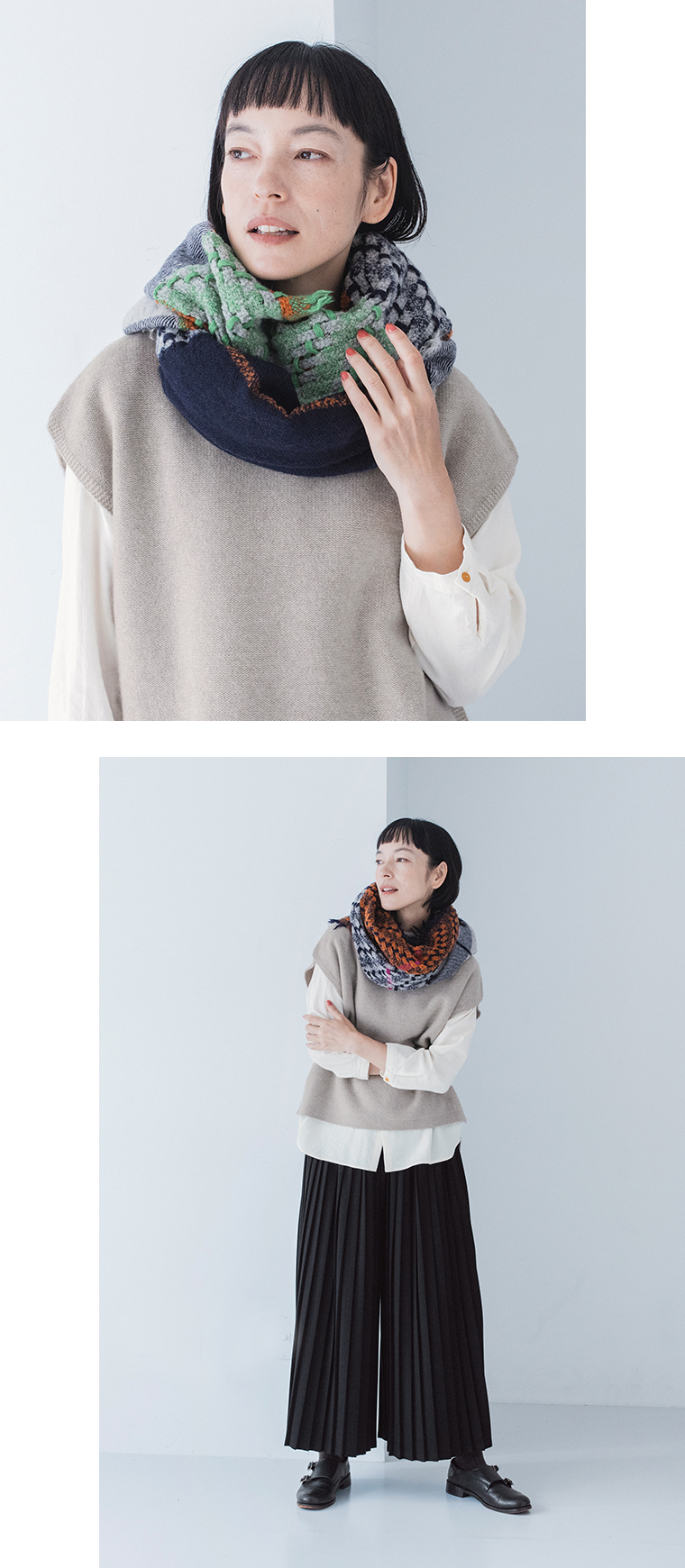 numeツイードスヌードの柄と素材