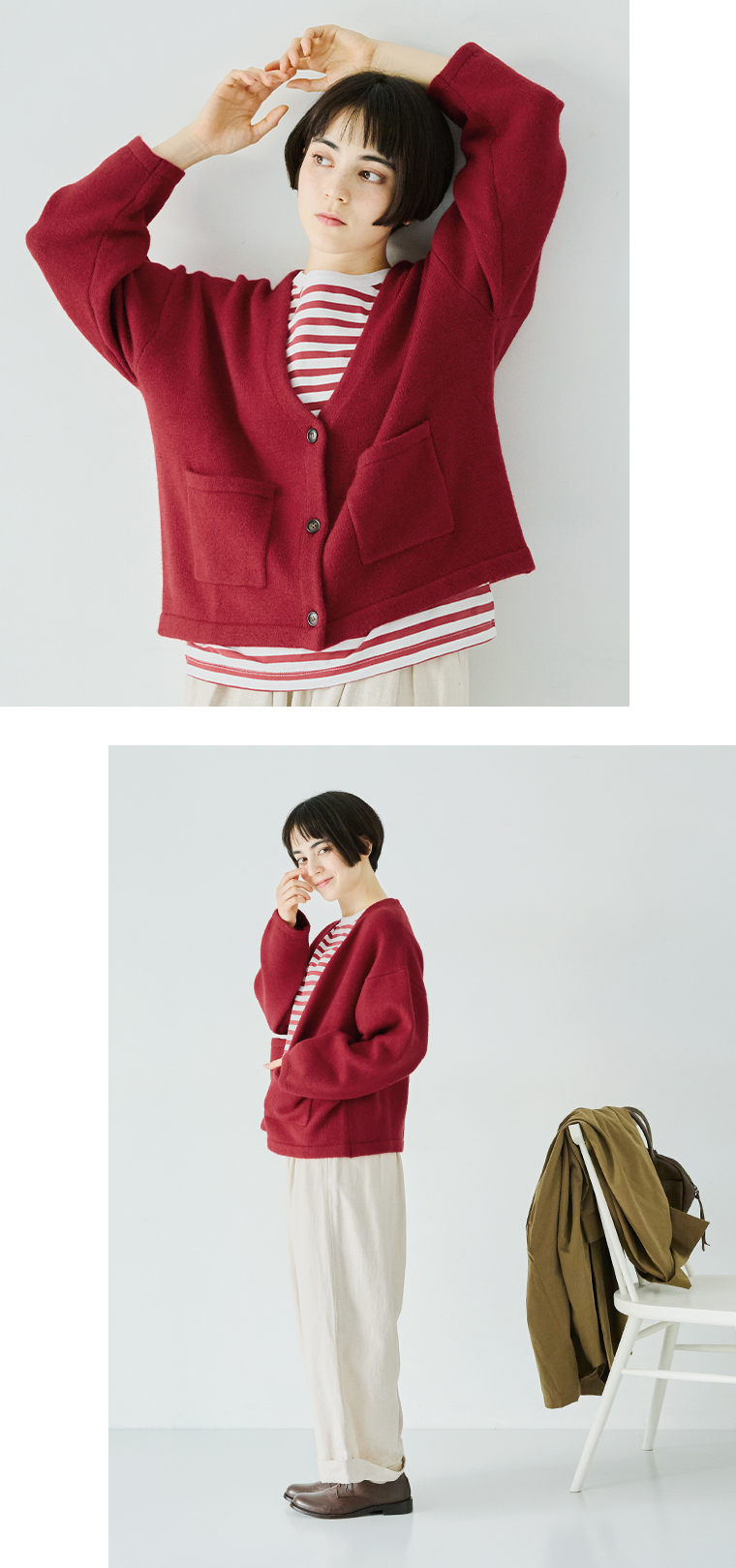 &yarn パッチポケットニットカーディガン(レッド)の上半身前と全身横