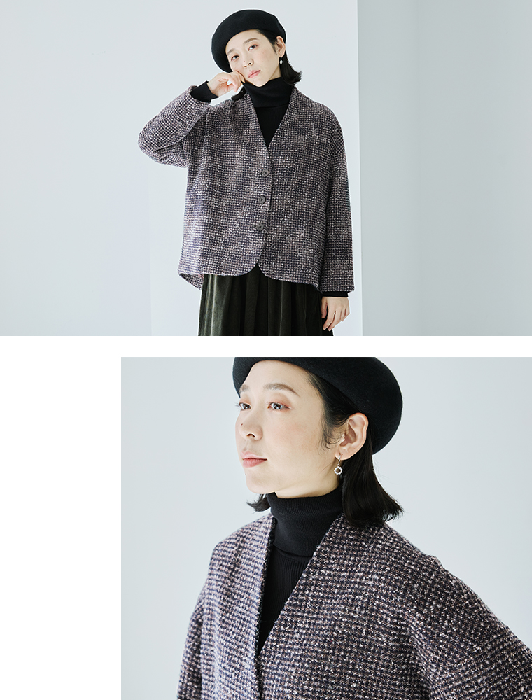 le ciel a temps doux  別注｜レトロチェックノーカラージャケット　ブラウン　上半身寄り　首元アップ