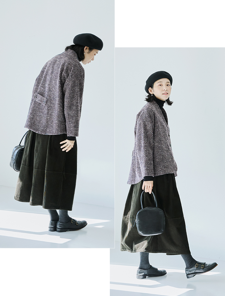 le ciel a temps doux  別注｜レトロチェックノーカラージャケット　ブラウン　全身後ろと横