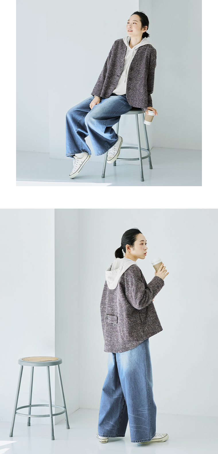 le ciel a temps doux  別注｜レトロチェックノーカラージャケット　ブラウン　座ったイメージと後ろ姿