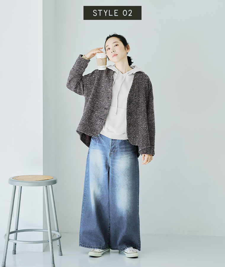 le ciel a temps doux  別注｜レトロチェックノーカラージャケット　ブラウンの着こなし　カジュアルスタイル