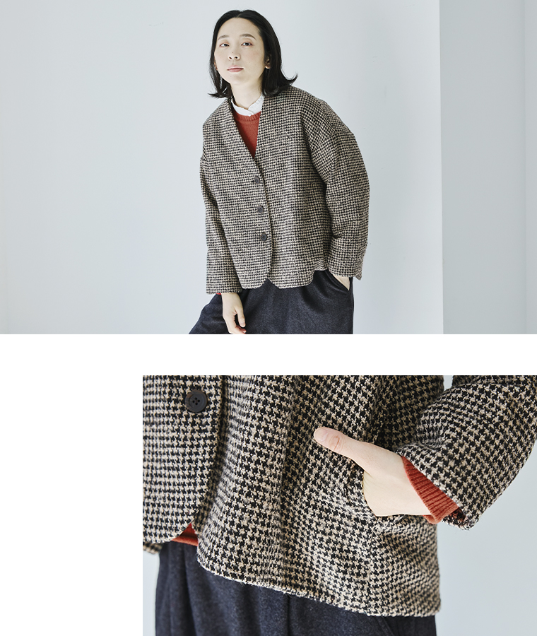 le ciel a temps doux  別注｜レトロチェックノーカラージャケット　ベージュ　上半身寄りとポケット寄り