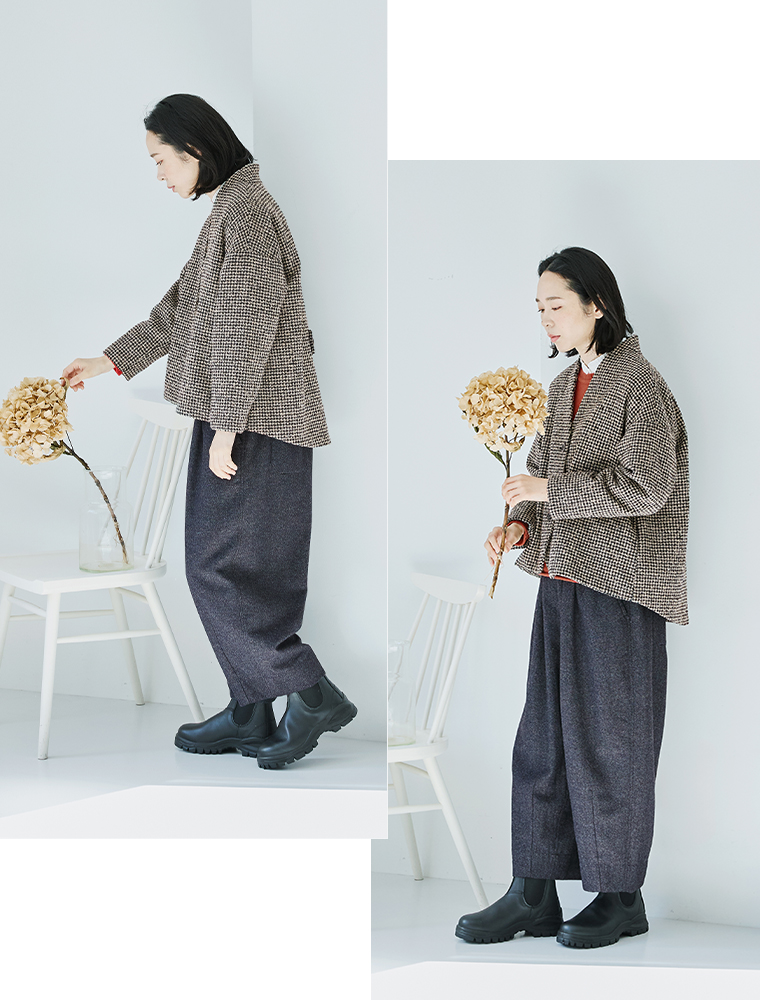 le ciel a temps doux  別注｜レトロチェックノーカラージャケット　ベージュ　全身横