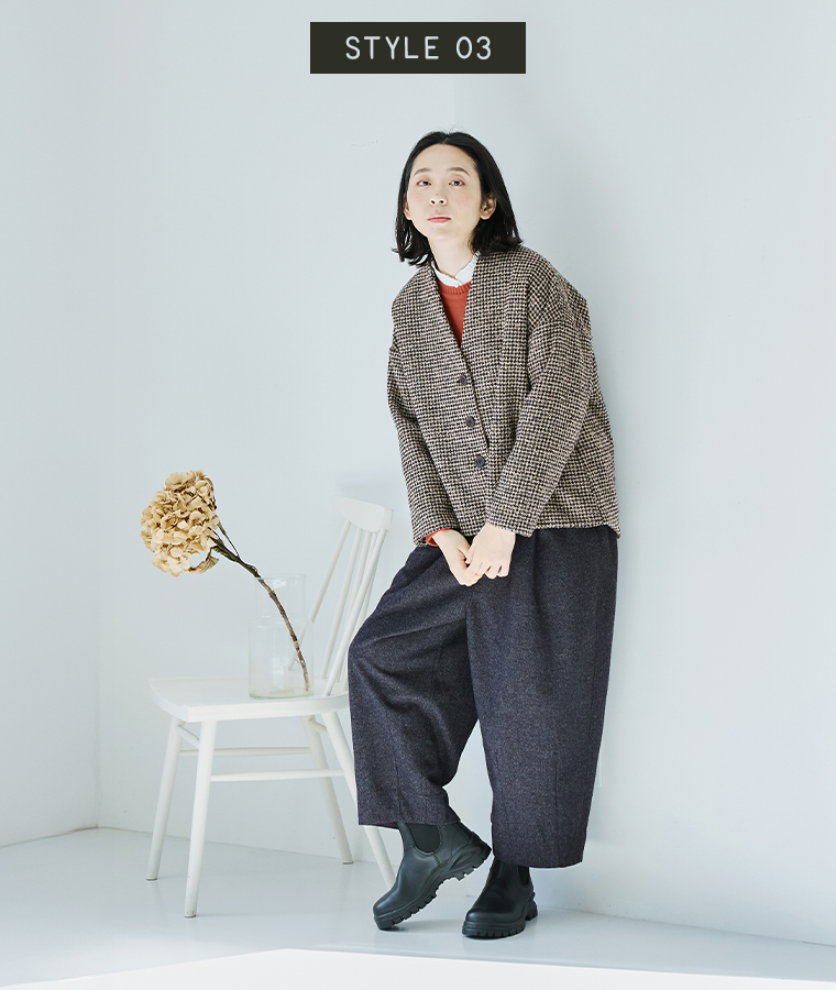 le ciel a temps doux  別注｜レトロチェックノーカラージャケット　ベージュの着こなし