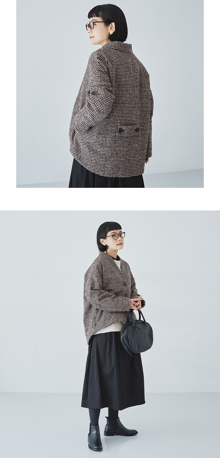 le ciel a temps doux  別注｜レトロチェックノーカラージャケット　ベージュ　後ろ寄りと全身