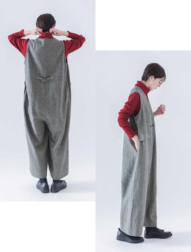 【 &yarn 】起毛ツイルサロペット style01 全身コーディネート横後ろ