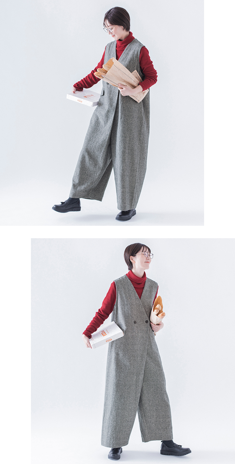 【 &yarn 】起毛ツイルサロペット style01 全身コーディネート前