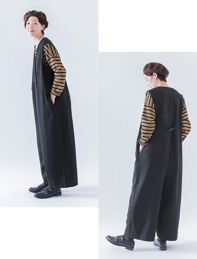 【 &yarn 】起毛ツイルサロペット style02 全身コーディネート