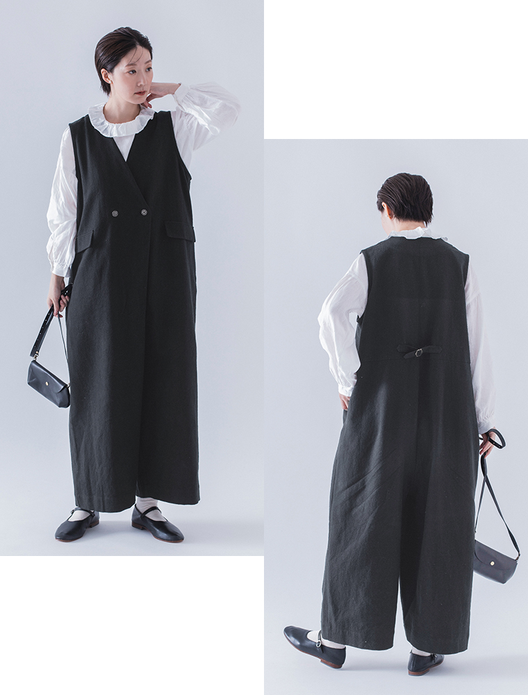 【 &yarn 】起毛ツイルサロペット style04 全身コーディネート前後