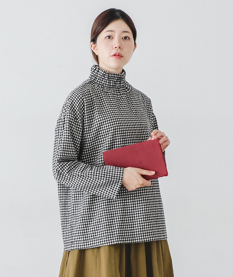 COLORK 起毛miniギンガムチェックダブルネックプルオーバー