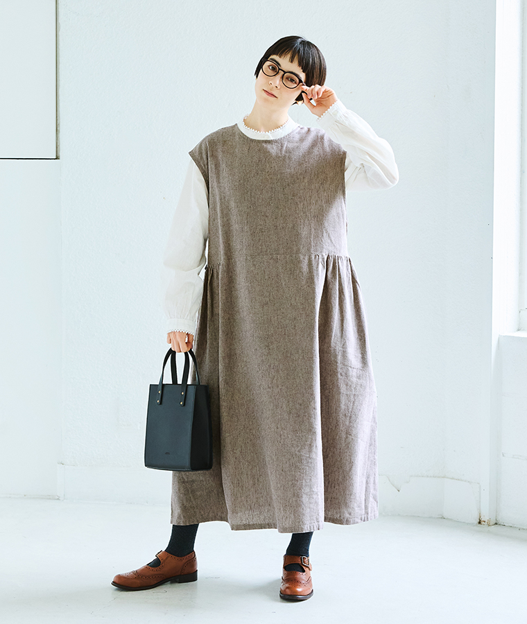blue willow コットンリネン平織り無地起毛ボタン配色リボンワンピース