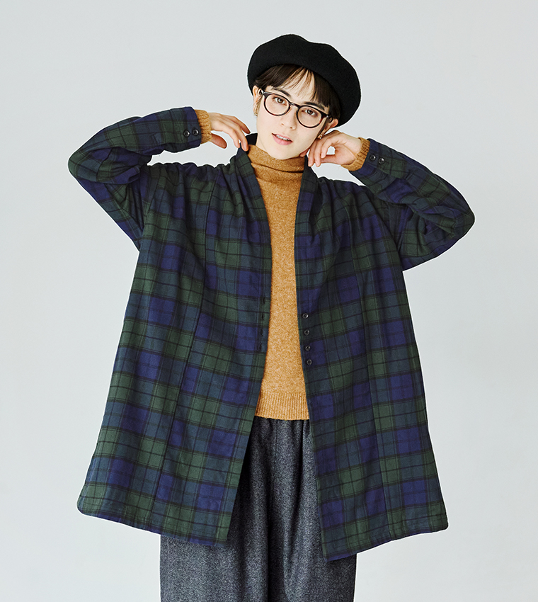 SUN VALLEYコットン平織×綾織二十織 ガウンコートブラックウォッチのデザインと丈