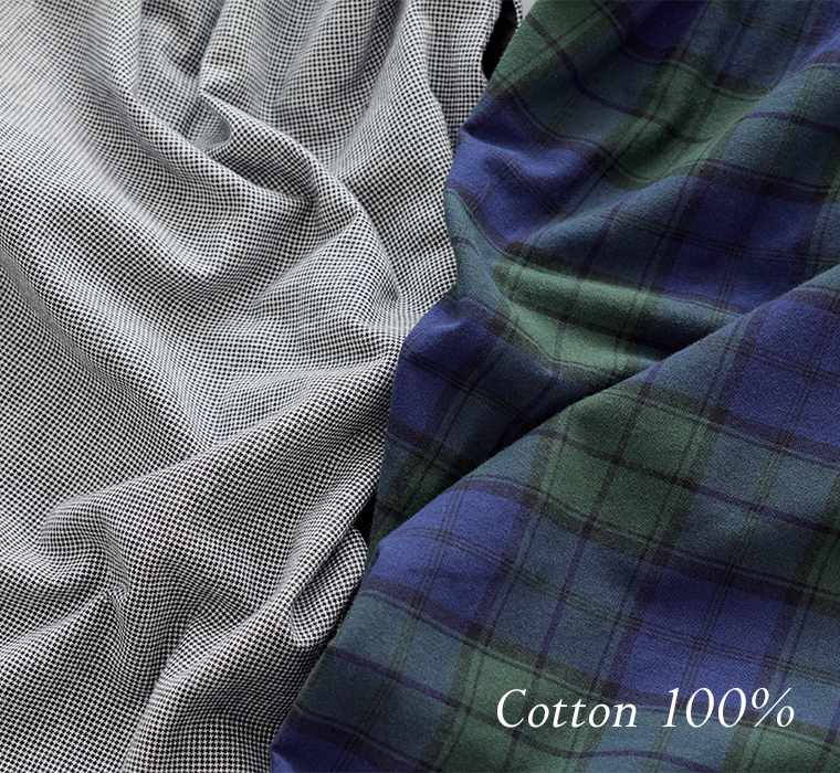 SUN VALLEYコットン平織×綾織二十織 ガウンコートブラックウォッチと千鳥の素材とカラー