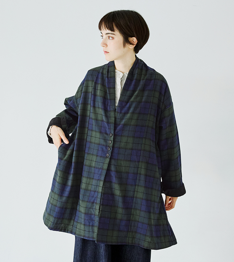 SUN VALLEYコットン平織×綾織二十織 ガウンコートブラックウォッチの襟