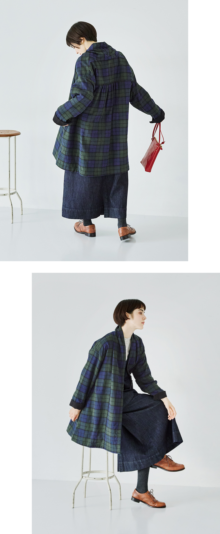SUN VALLEYコットン平織×綾織二十織 ガウンコートブラックウォッチのシルエット
