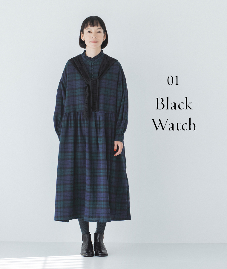 Lintu Laulu  襟フリルくるみボタンワンピース ブラックウォッチ