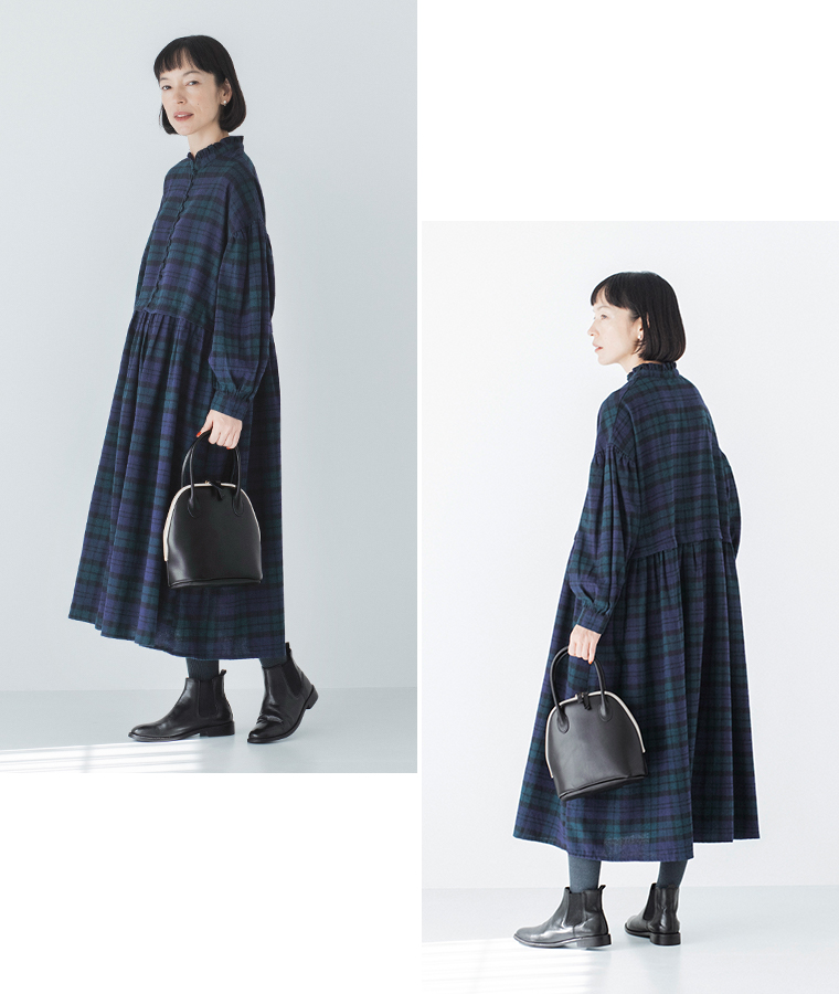 Lintu Laulu  襟フリルくるみボタンワンピース ブラックウォッチ 全身前後