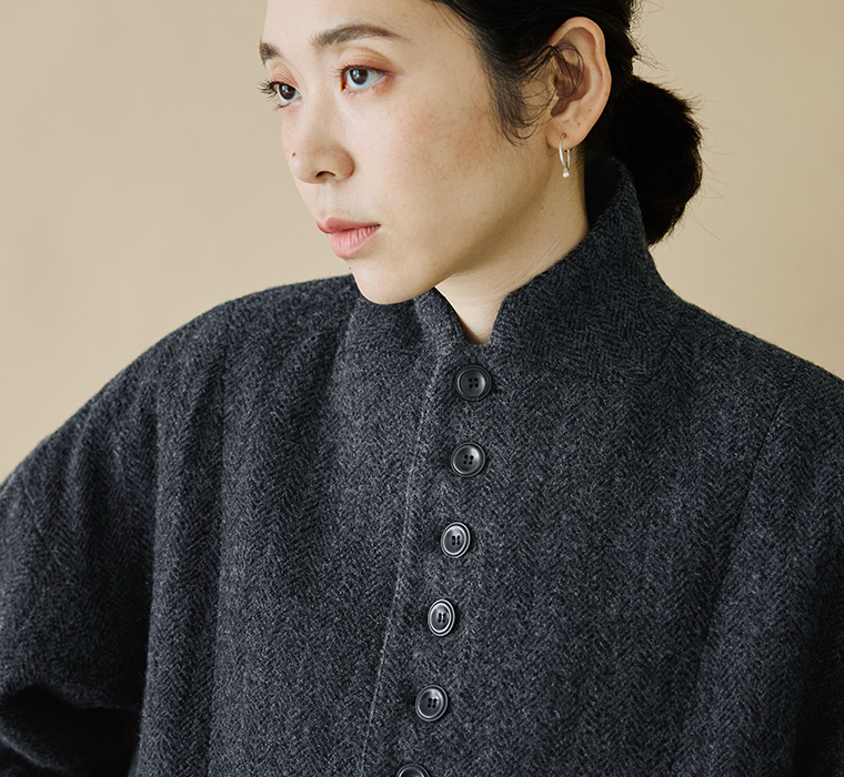 ICHI Antiquités ウールヘリンボーンジャケット ブラック襟寄り