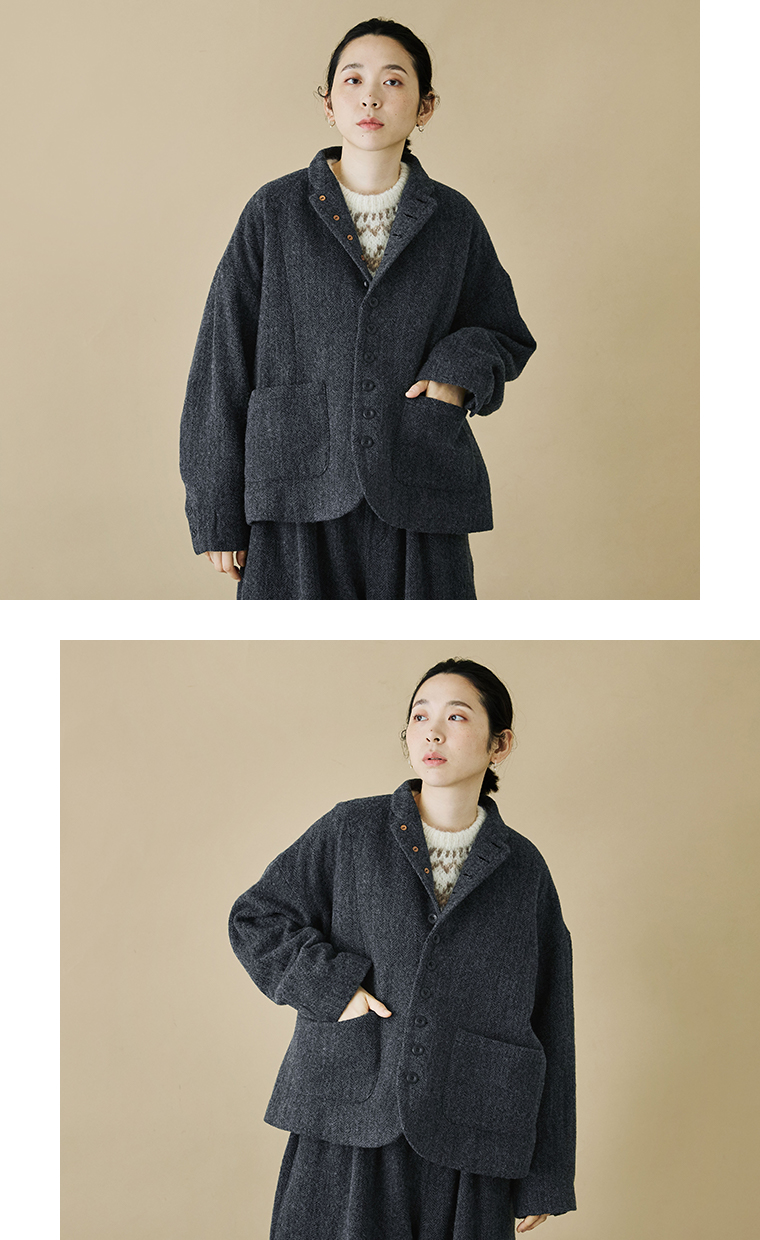 ICHI Antiquités ウールヘリンボーンジャケット ブラック上半身寄り