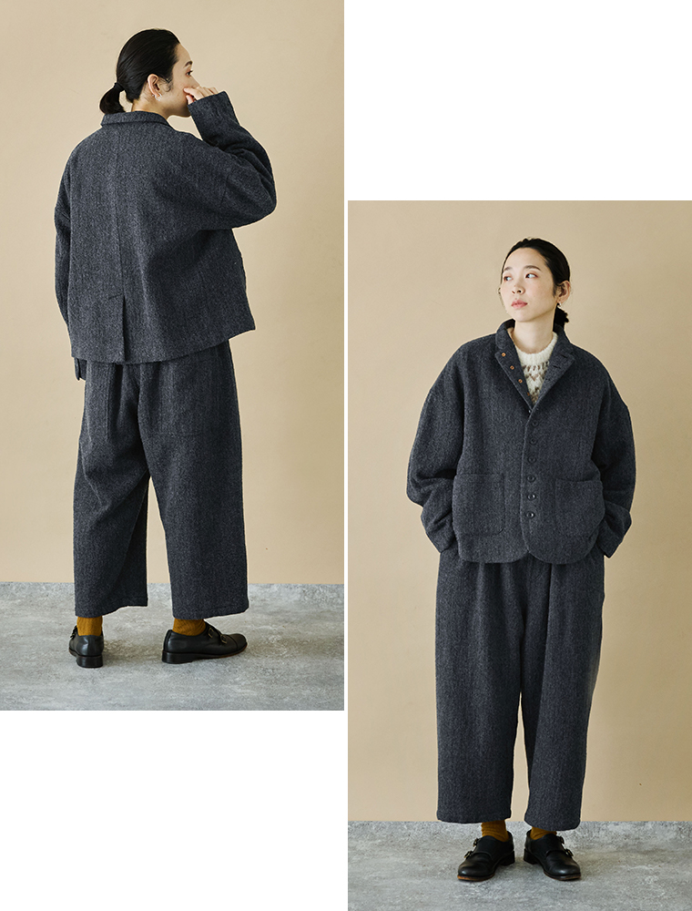 ICHI Antiquités ウールヘリンボーンジャケット ブラック全身前後