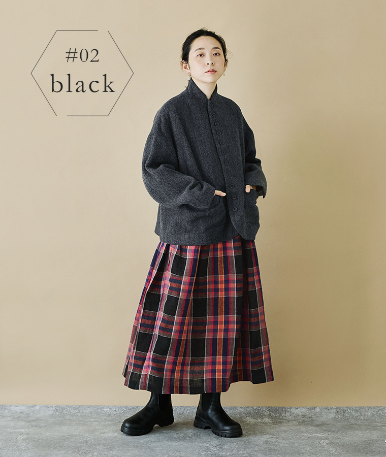 ICHI Antiquités ウールヘリンボーンジャケット ブラック チェック合わせ