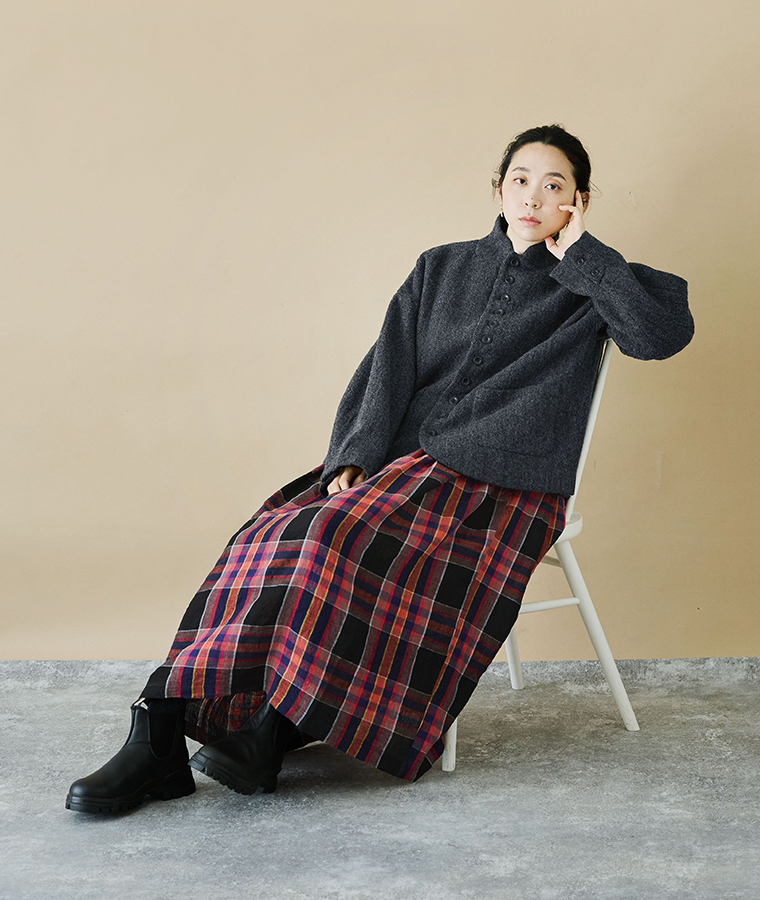 ICHI Antiquités ウールヘリンボーンジャケット ブラック チェック合わせ 座りカット