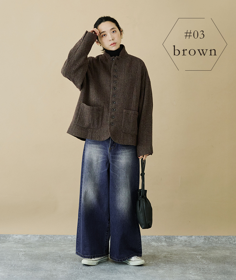 ICHI Antiquités ウールヘリンボーンジャケット ブラウン