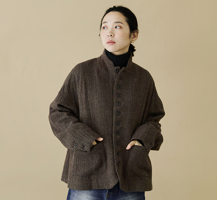 ICHI Antiquités ウールヘリンボーンジャケット ブラウン 上半身寄り