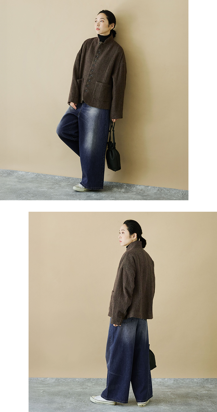 ICHI Antiquités ウールヘリンボーンジャケット ブラウン 全身前後