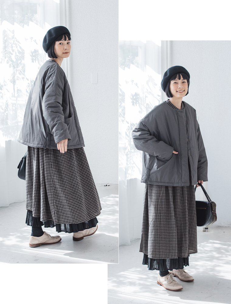 LUPILIEN by natulan  別注　福袋　ワッシャーナイロン中綿ハーフコート　横、正面の全身イメージ