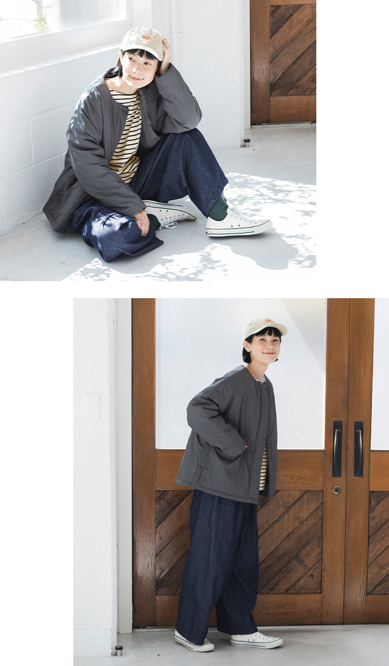 LUPILIEN by natulan  別注　福袋　ワッシャーナイロン中綿ハーフコート　座ったイメージ