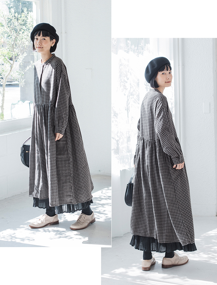 LUPILIEN by natulan  別注　福袋　ギンガムチェック柄ギャザーワンピース　全身横、後ろ